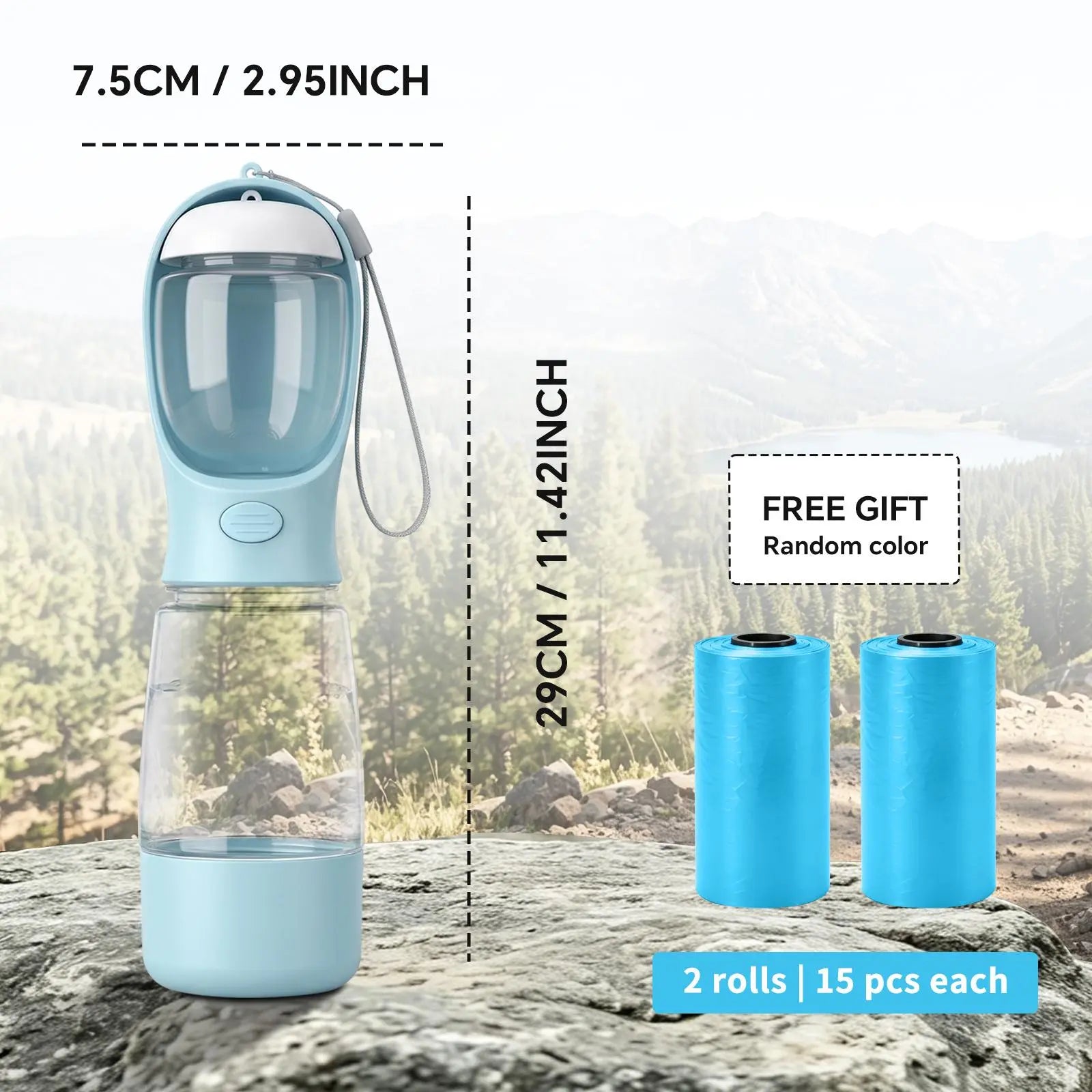 Portable 3-in-1 Dog Water Bottle with Food Container and Built-In Poop Bag Dispenser, Includes 30 Waste Bags - Leak-Proof Travel Cup for Walking and Hiking (29cm x 7.5cm)