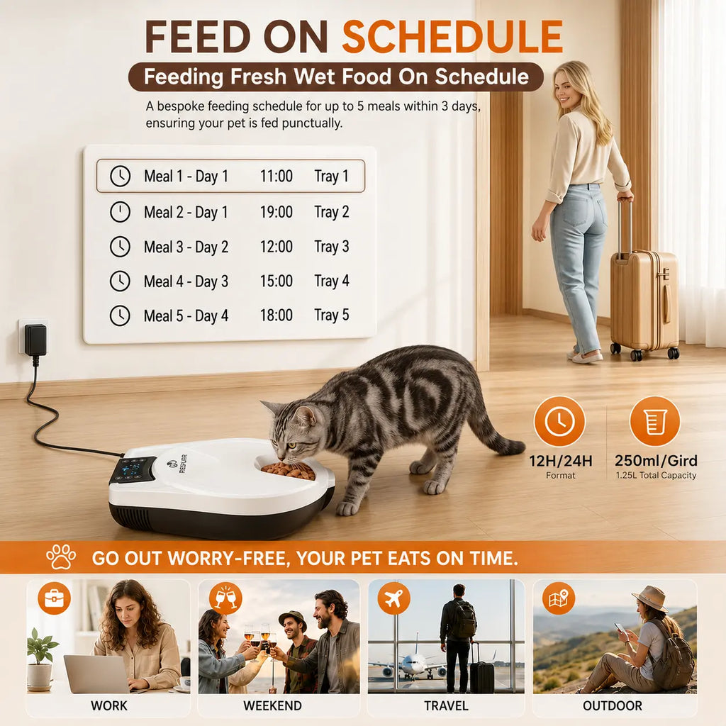 72-Hour Fresh Automatic Cat Feeder for Wet Food - 3-Day Refrigerated Meal Dispenser with Semiconductor Cooling & Heating, 304 Stainless Steel Bowl, Programmable Timer, Wired Design, No Batteries Required - Cattray