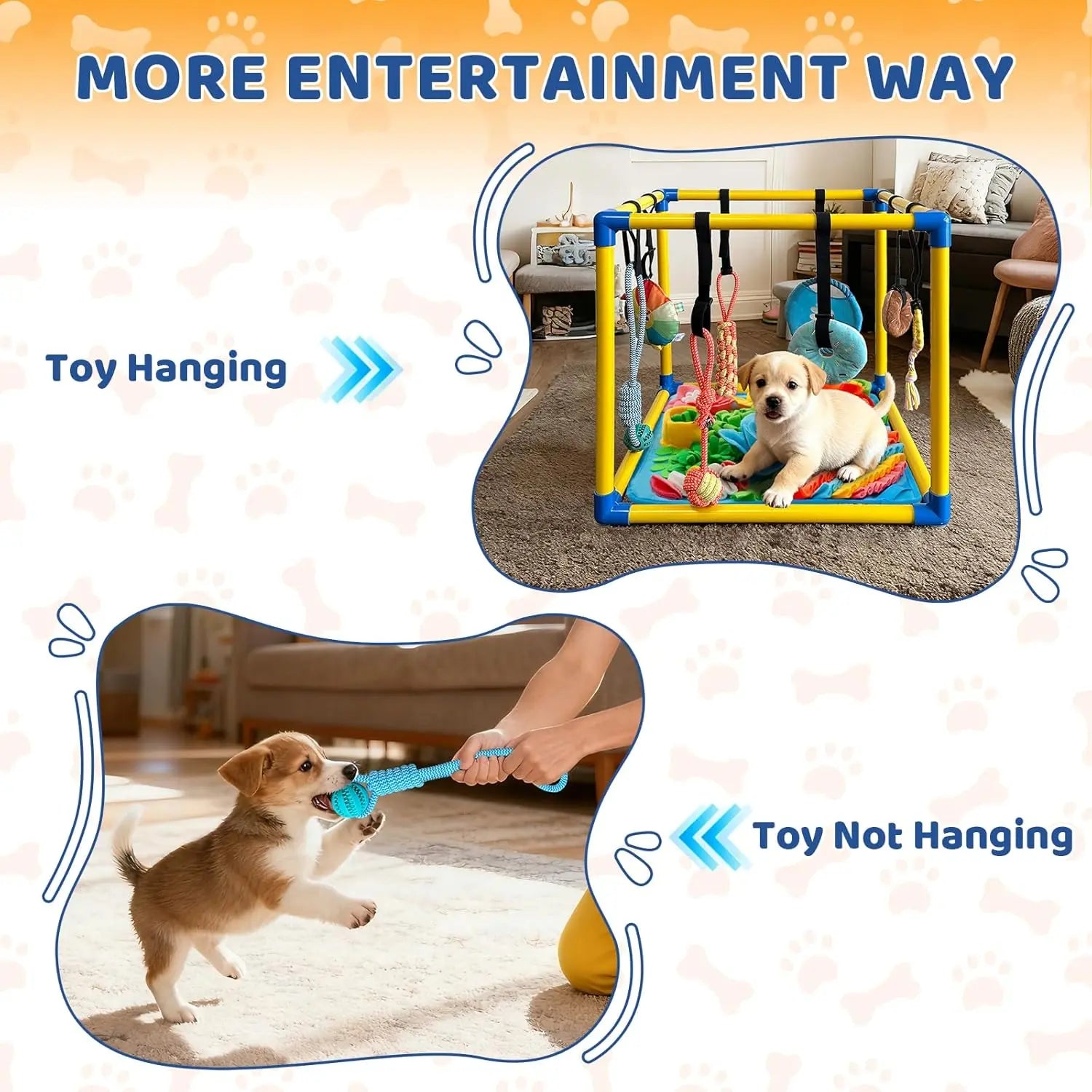 Indoor Puppy Play Gym - PVC Frame with Velcro Rope, Snuffle Mat, and 8 Hanging Toys for Interactive Training and Enrichment for Small Dogs
