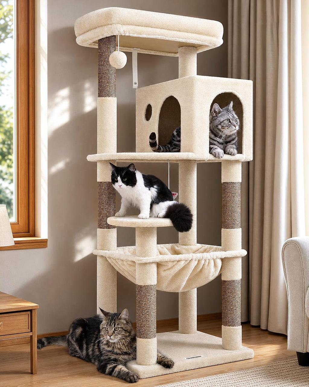Cat Tree Tower with Scratching Post for Indoor Cats, 53Inch Tall Plush Multi-Level Cat Climbing Tower Condo House with Large Hammock, Spacious Cat Cave, Big Padded Top Perch Bed, F53, Beige