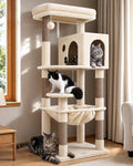 Cat Tree Tower with Scratching Post for Indoor Cats, 53Inch Tall Plush Multi-Level Cat Climbing Tower Condo House with Large Hammock, Spacious Cat Cave, Big Padded Top Perch Bed, F53, Beige