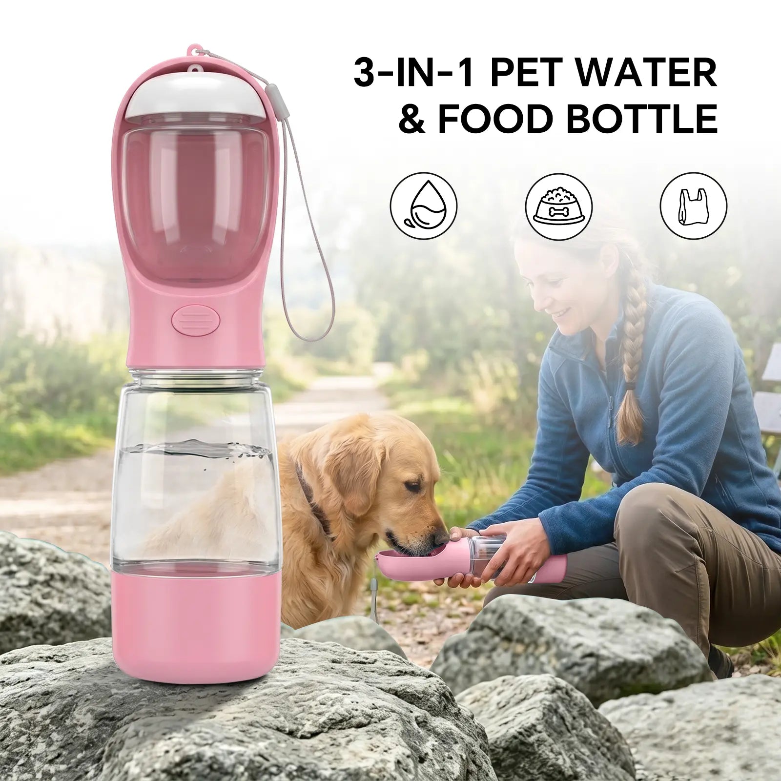 Portable 3-in-1 Dog Water Bottle with Food Container and Built-In Poop Bag Dispenser, Includes 30 Waste Bags - Leak-Proof Travel Cup for Walking and Hiking (29cm x 7.5cm)