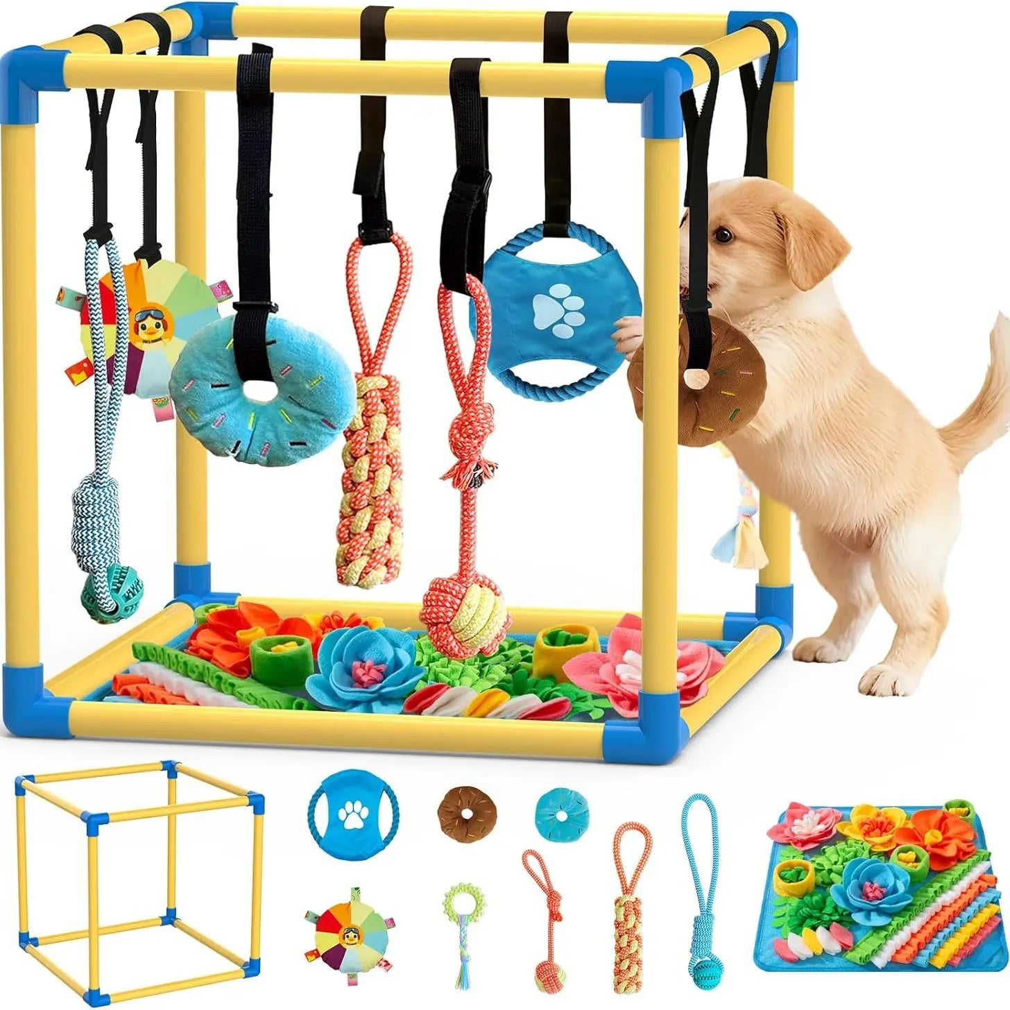Indoor Puppy Play Gym - PVC Frame with Velcro Rope, Snuffle Mat, and 8 Hanging Toys for Interactive Training and Enrichment for Small Dogs