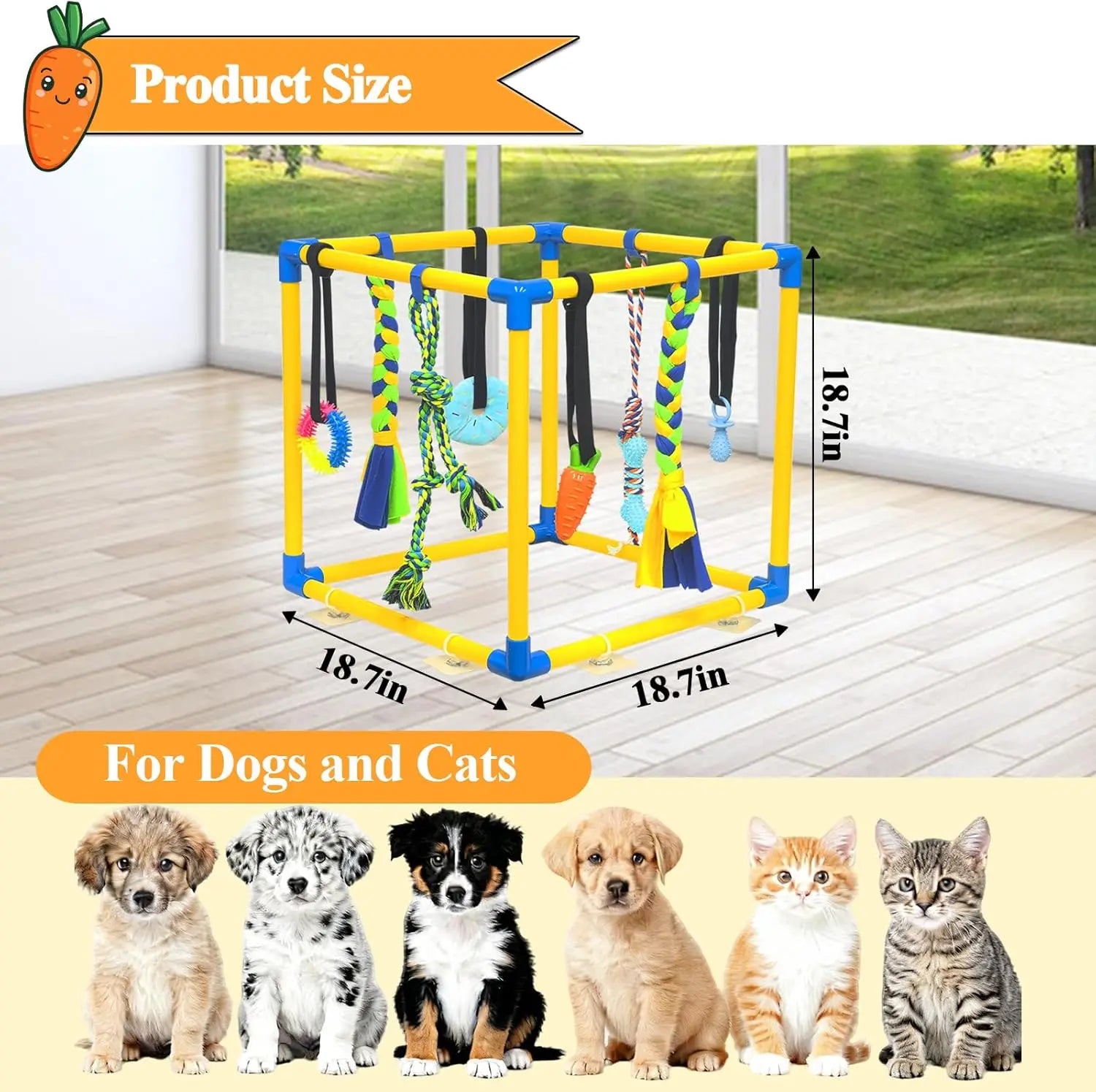 Interactive Dog Play Gym Enrichment Toy Set with Rope Tug, Chew, and Squeaky Toys - Indoor Activity Center for Reducing Anxiety and Boredom Relief, Durable PVC Frame Suitable for Dogs of All Sizes