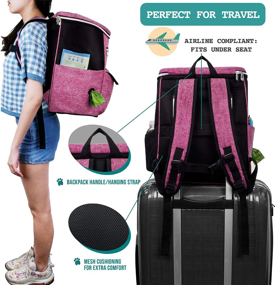 Professional Dog Travel Backpack, 27L Airline-Approved Pet Supplies Organizer with Dual Food Containers, Two Collapsible Bowls, and Poop Bag Dispenser - Ideal for Weekend Road Trips and Camping, Perfect Gift for Dog Moms, Pink