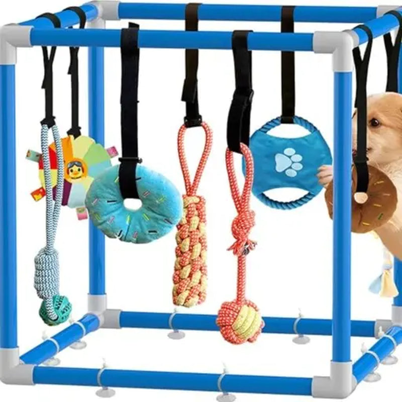 Indoor Puppy Play Gym - PVC Frame with Velcro Rope, Snuffle Mat, and 8 Hanging Toys for Interactive Training and Enrichment for Small Dogs