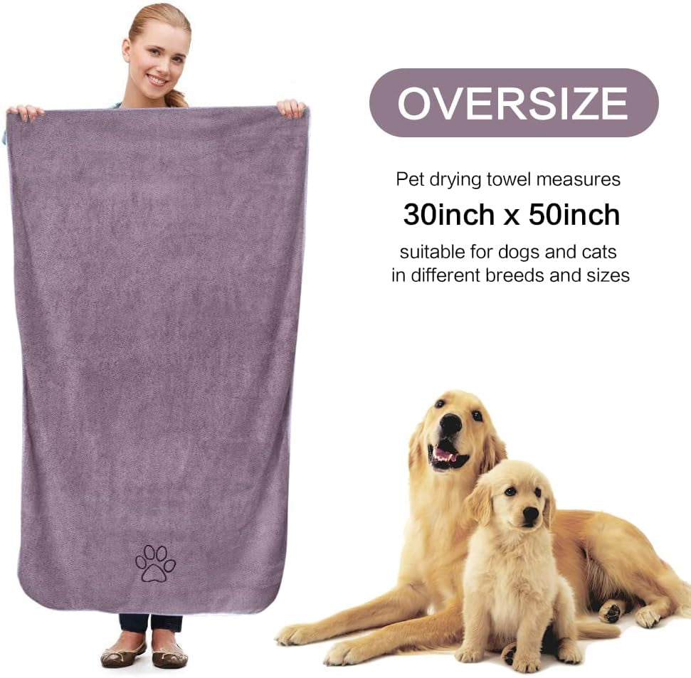 Microfiber Pet Bath Towel - Absorbent, Quick-Drying, Large 30x50 Inch with Paw Print Design, Machine Washable, Purple for Dogs and Cats