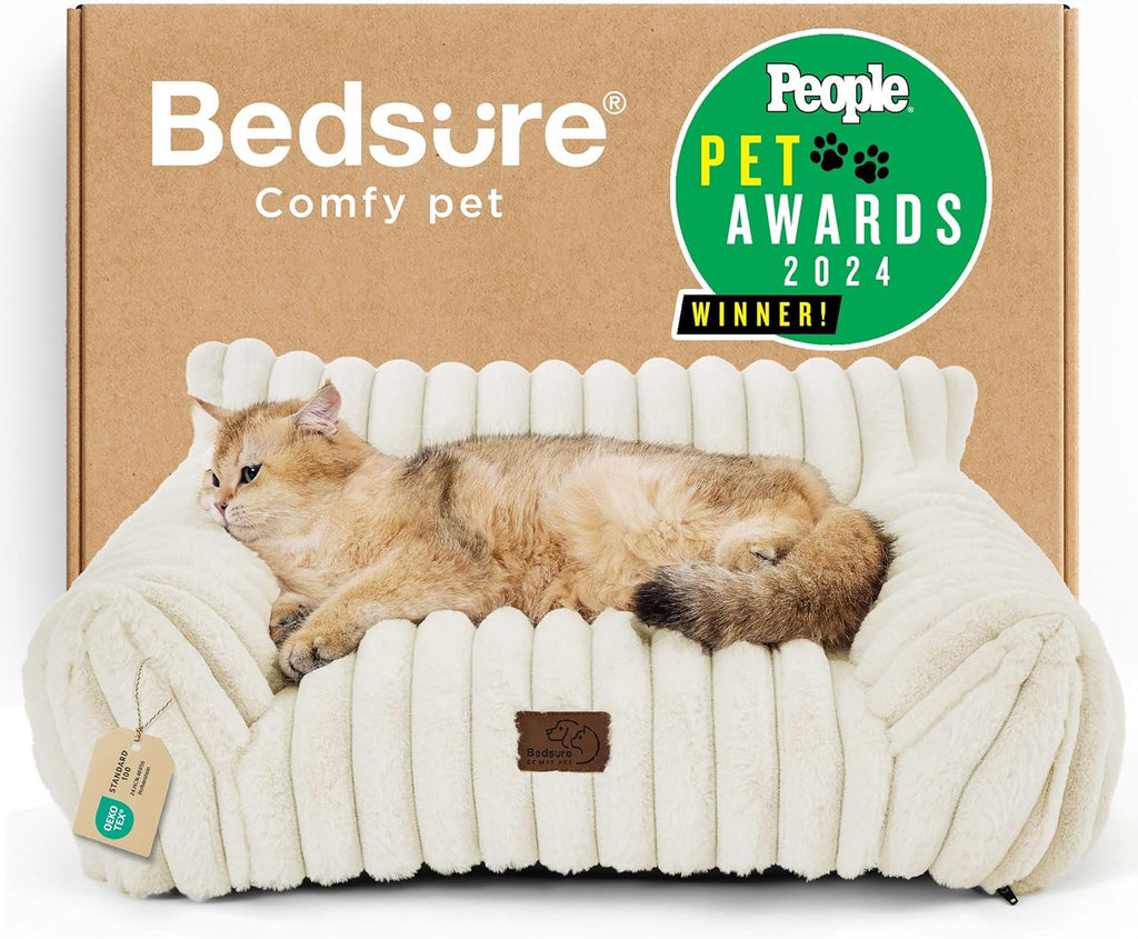 Bedsure Comfyfleece™ Shown on TV Fluffy Cute Cat Couch for Pets,24In Cream | Cat Beds for Indoor Cats,Supportive Pet Sofa,Dog Couch Bed Seen on Good Day New York,Removable Washable Cover,Up to 10 Lbs