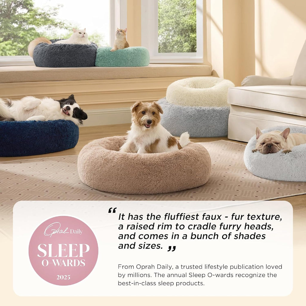 Bedsure Calming Small Dog Bed Donut Washable Cat＆Puppy Bed,23 Inches Camel | Oprah Daily Award,Fluffy Faux Fur round Cuddler,Anti-Slip Bottom,Anti-Anxiety,Deep Sleep for Large Cat & Pets up to 25 Lbs
