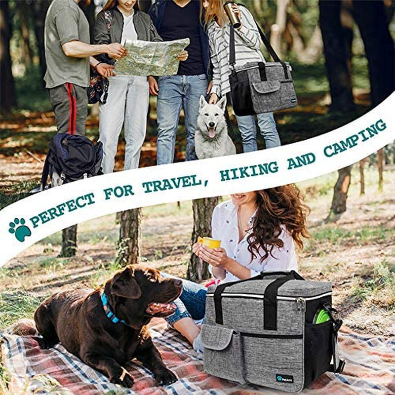Dog Travel Bag Organizer - Comprehensive Pet Travel Kit with Dual Food Containers and Collapsible Dog Bowls, Versatile Supplies Tote with Luggage Sleeve, Ideal for Weekend Road Trips and Camping, Gray, Large