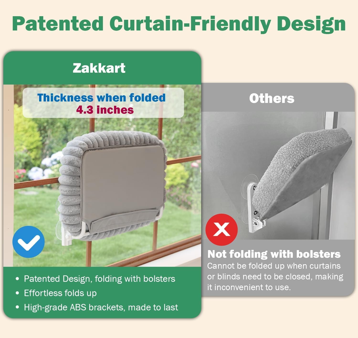 Snugcloud Foldable Cat Window Perch - Cordless, Ultra Soft Machine Washable Bed with 4-Sided Bolster, Metal Frame - Window Hammock for Large Cats and Kittens (Cream White, Medium)