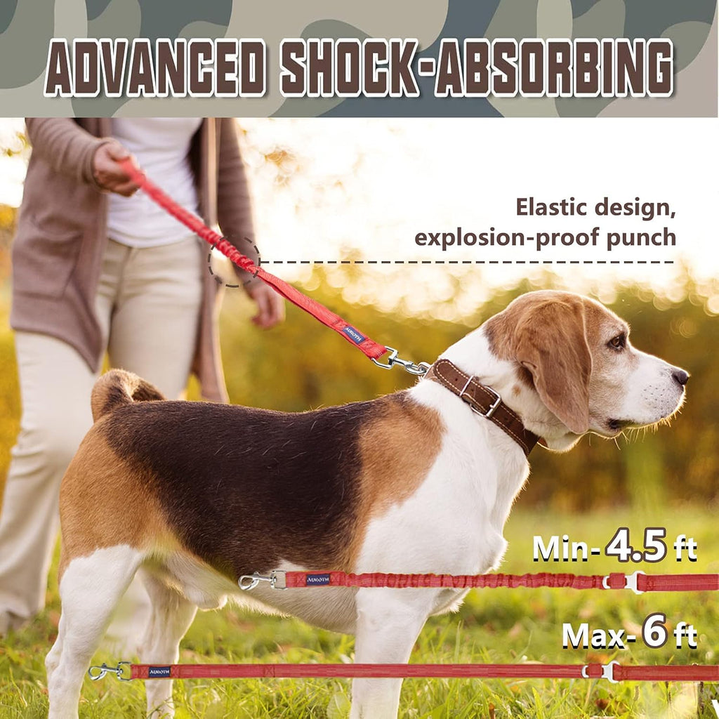 Heavy-Duty 6FT Bungee Dog Leash for Large Breeds with Dual Padded Handles, Shock Absorption, and No-Pull Training - Red