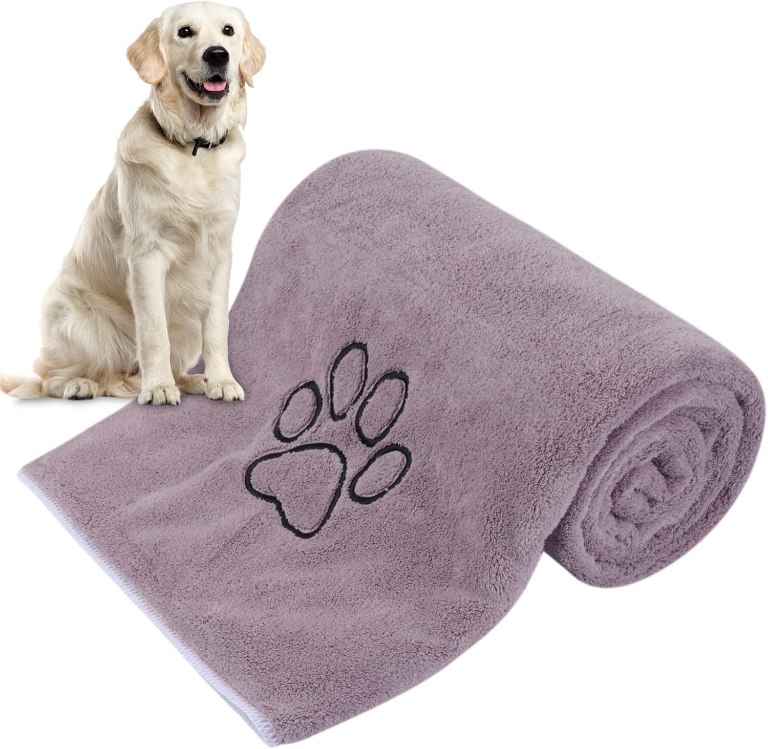 Microfiber Pet Bath Towel - Absorbent, Quick-Drying, Large 30x50 Inch with Paw Print Design, Machine Washable, Purple for Dogs and Cats