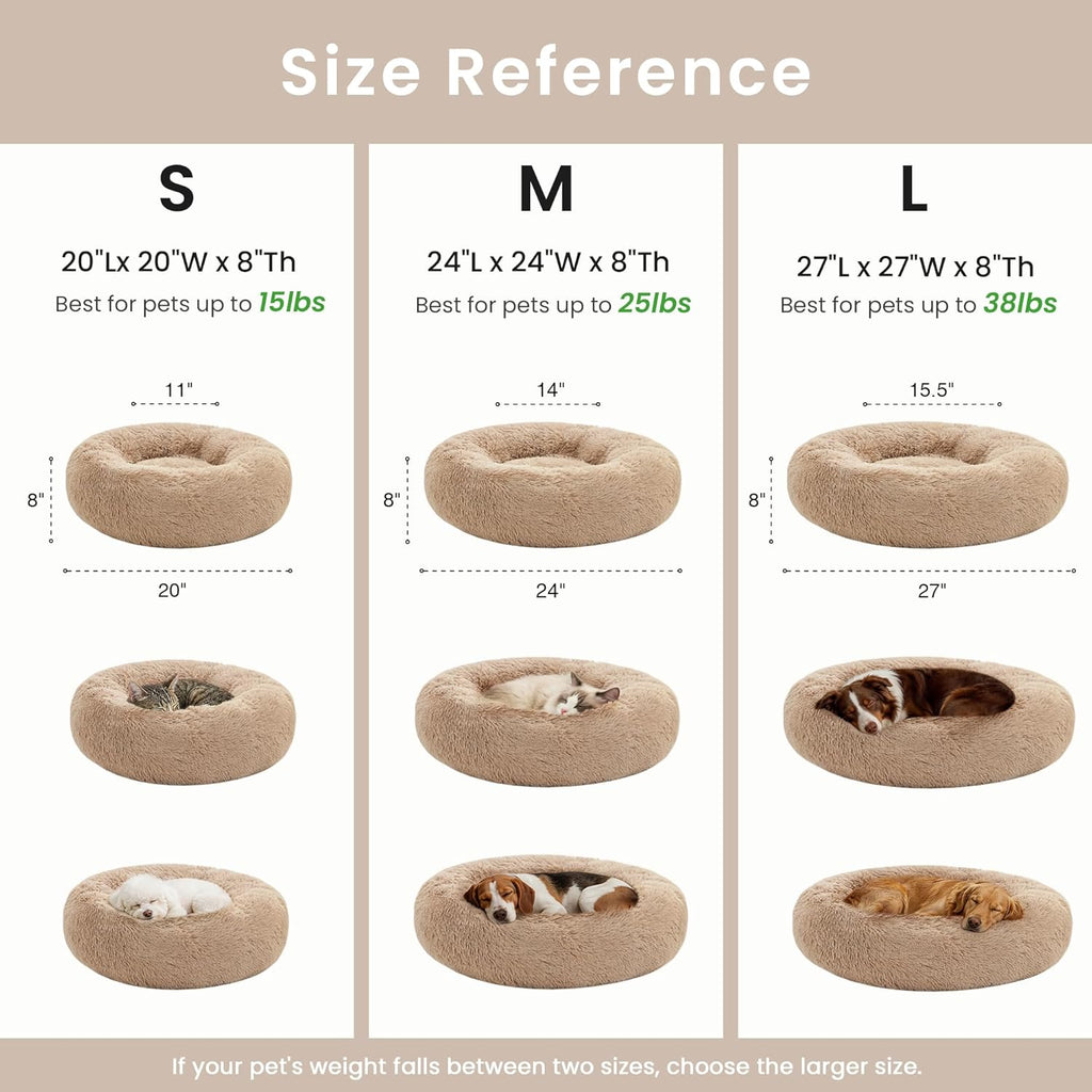 Calming Donut Pet Bed for Cats and Small to Medium Dogs, Anti-Anxiety Fluffy Warming Bed in Beige Taupe - Available in 20" and 24" Sizes