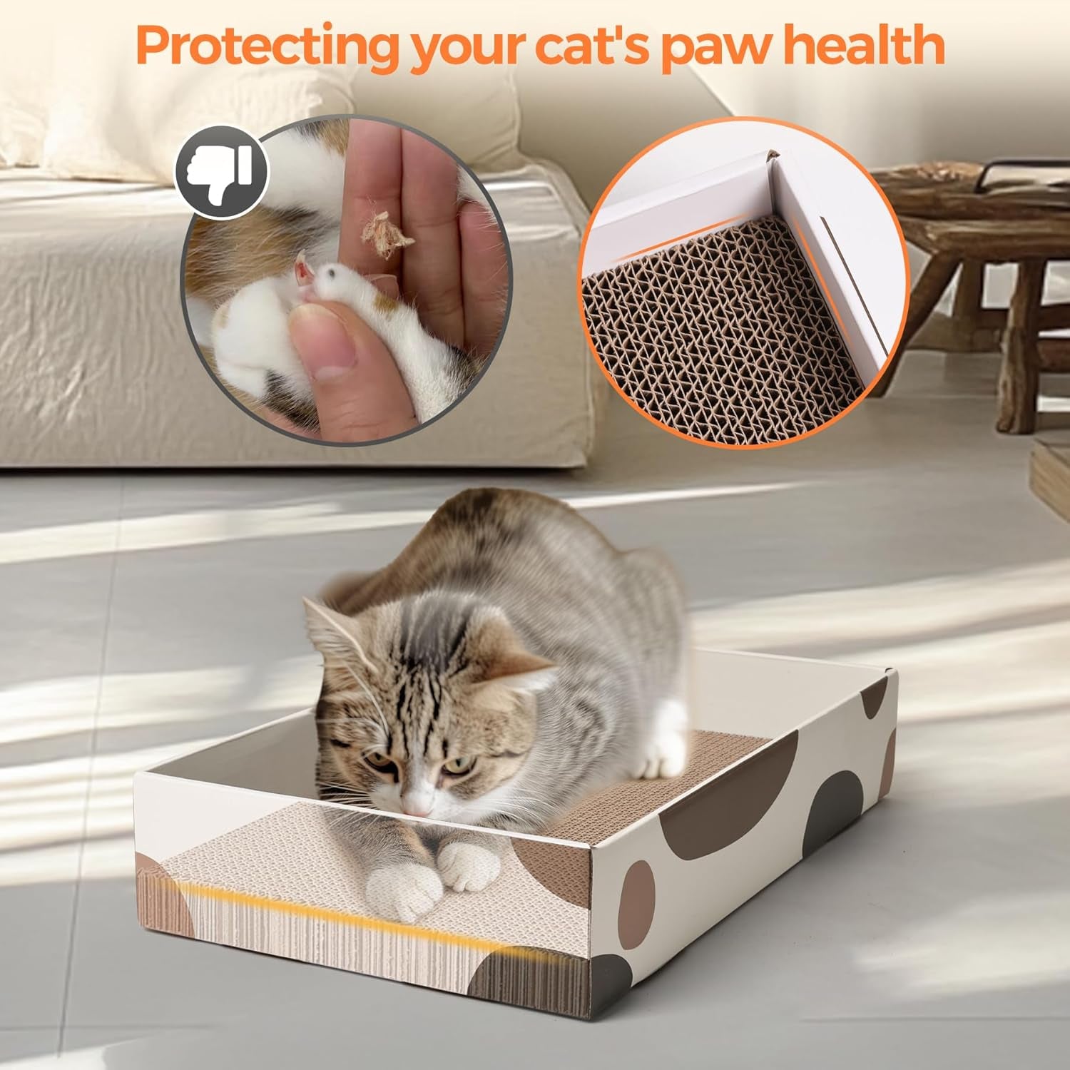 Indoor Cat Scratching Pad - 17" x 10" Refillable Box with 3 Reversible, Durable Corrugated Scratch Boards for Furniture and Wall Protection