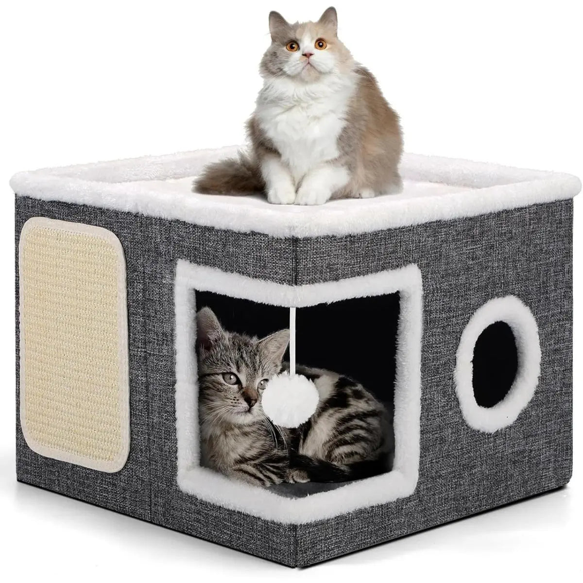Large Plush Cat Cave Bed - Foldable Indoor Hideaway with Scratch Pad, Ball Toys, and Washable Design
