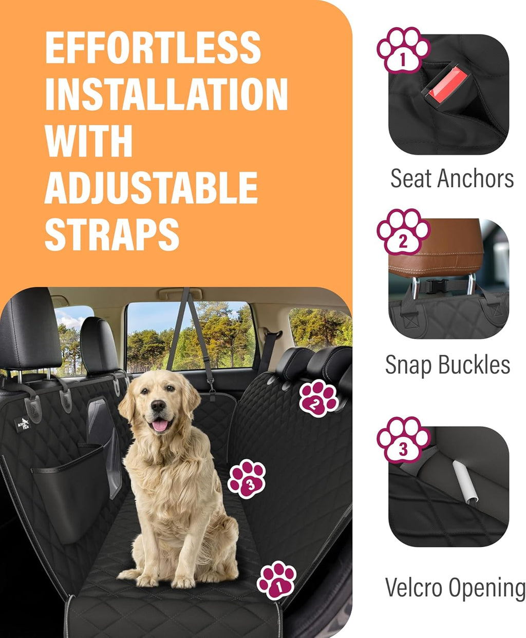 Premium Waterproof Dog Car Seat Cover for Back Seat - Hammock Style Pet Protector for SUVs and Trucks with Enhanced Safety Features, Black