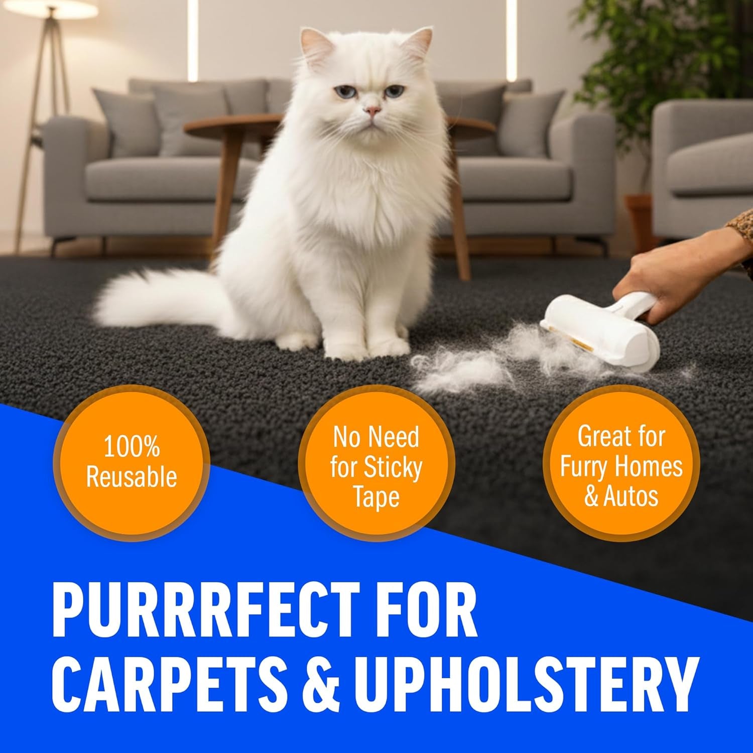 & Rake – Reusable Pet Hair Removal Roller with Rake Attachment for Cat & Dog Fur on Furniture, Couch, Carpet, Car, Rugs, Bedding & More– Portable, Eco-Friendly