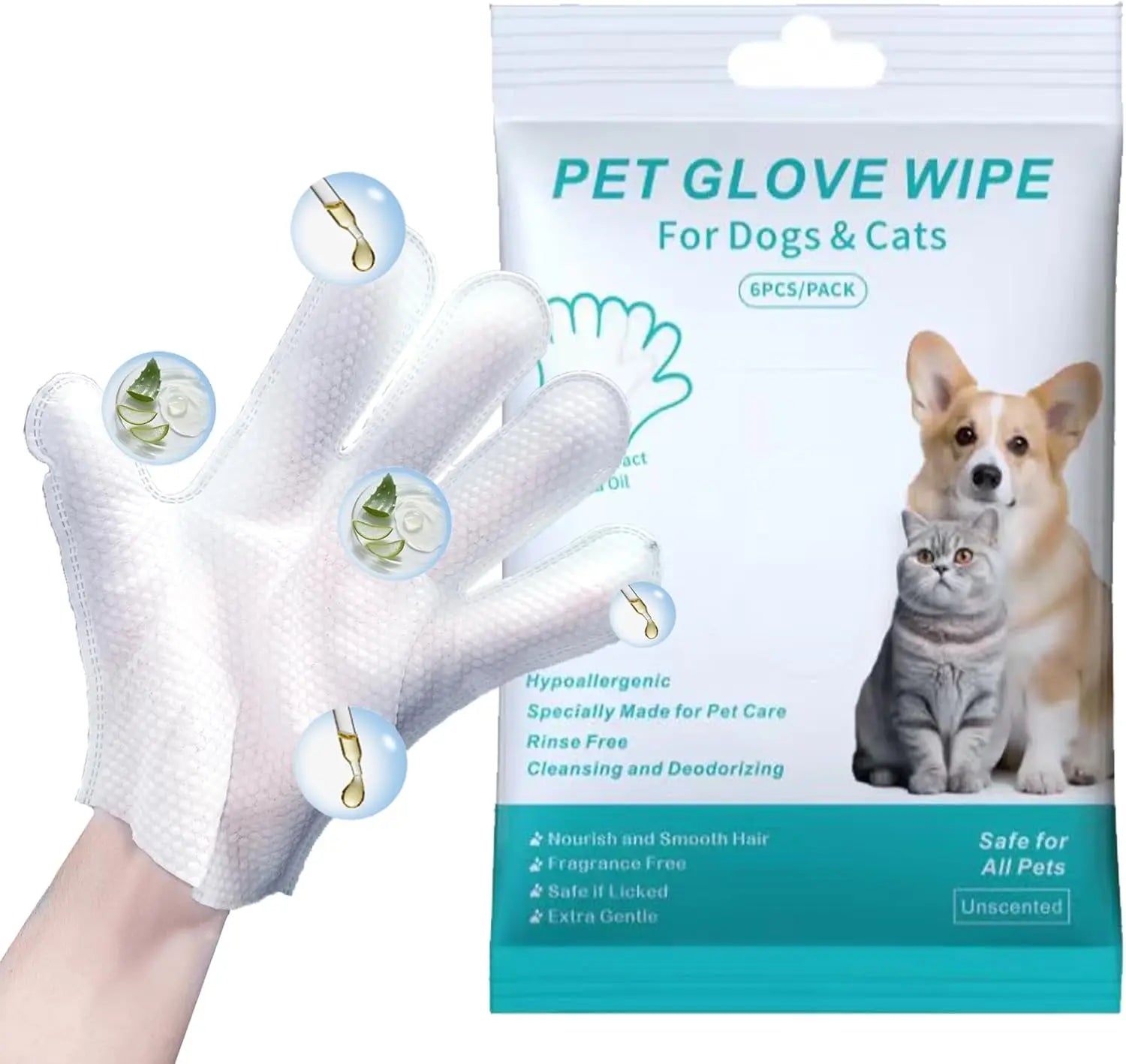 Premium Pet Glove Wipes for Dogs and Cats - Extra Thick, Unscented, Rinse-Free Cleaning and Deodorizing Wipes for Daily Care and Travel - 6 Pack