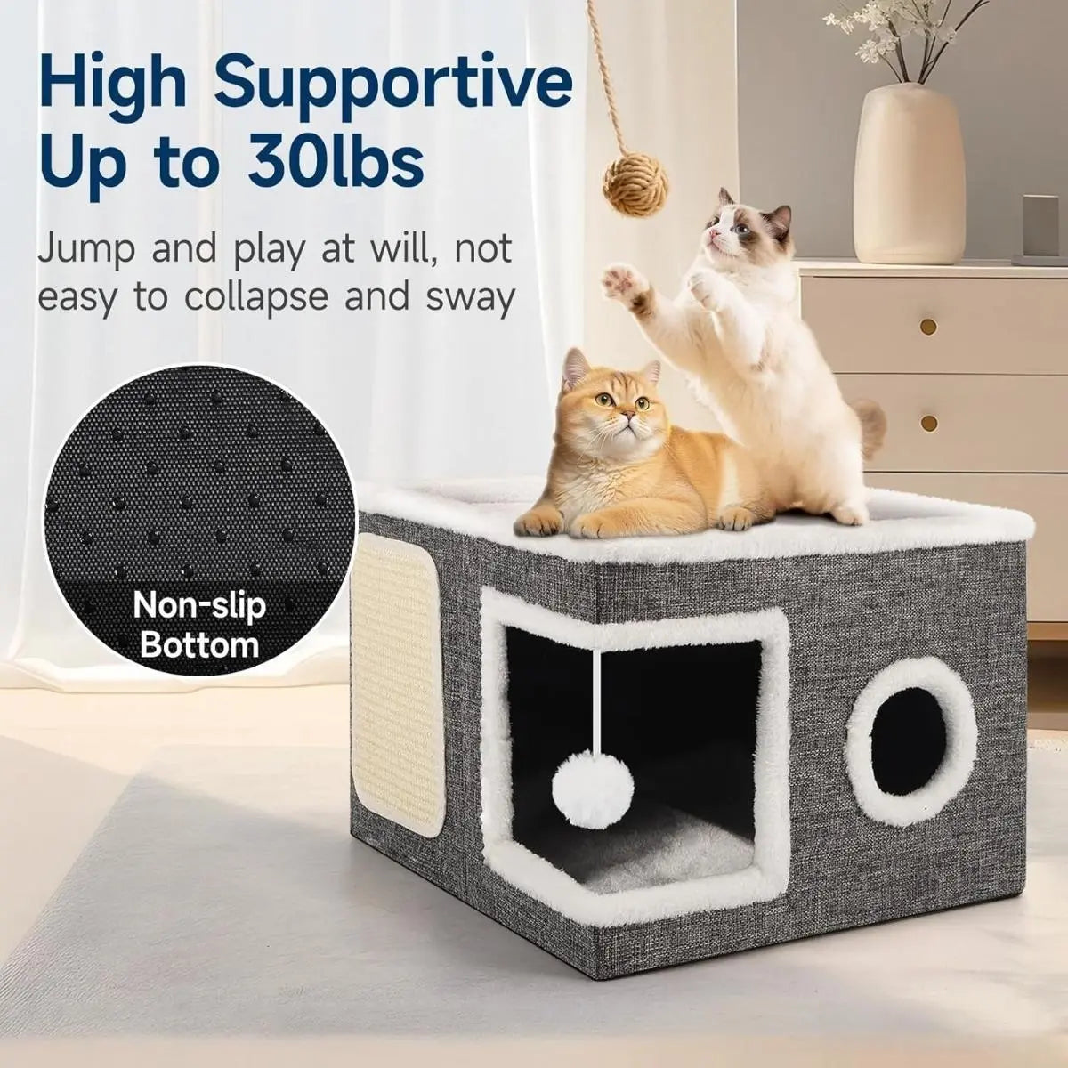 Large Plush Cat Cave Bed - Foldable Indoor Hideaway with Scratch Pad, Ball Toys, and Washable Design