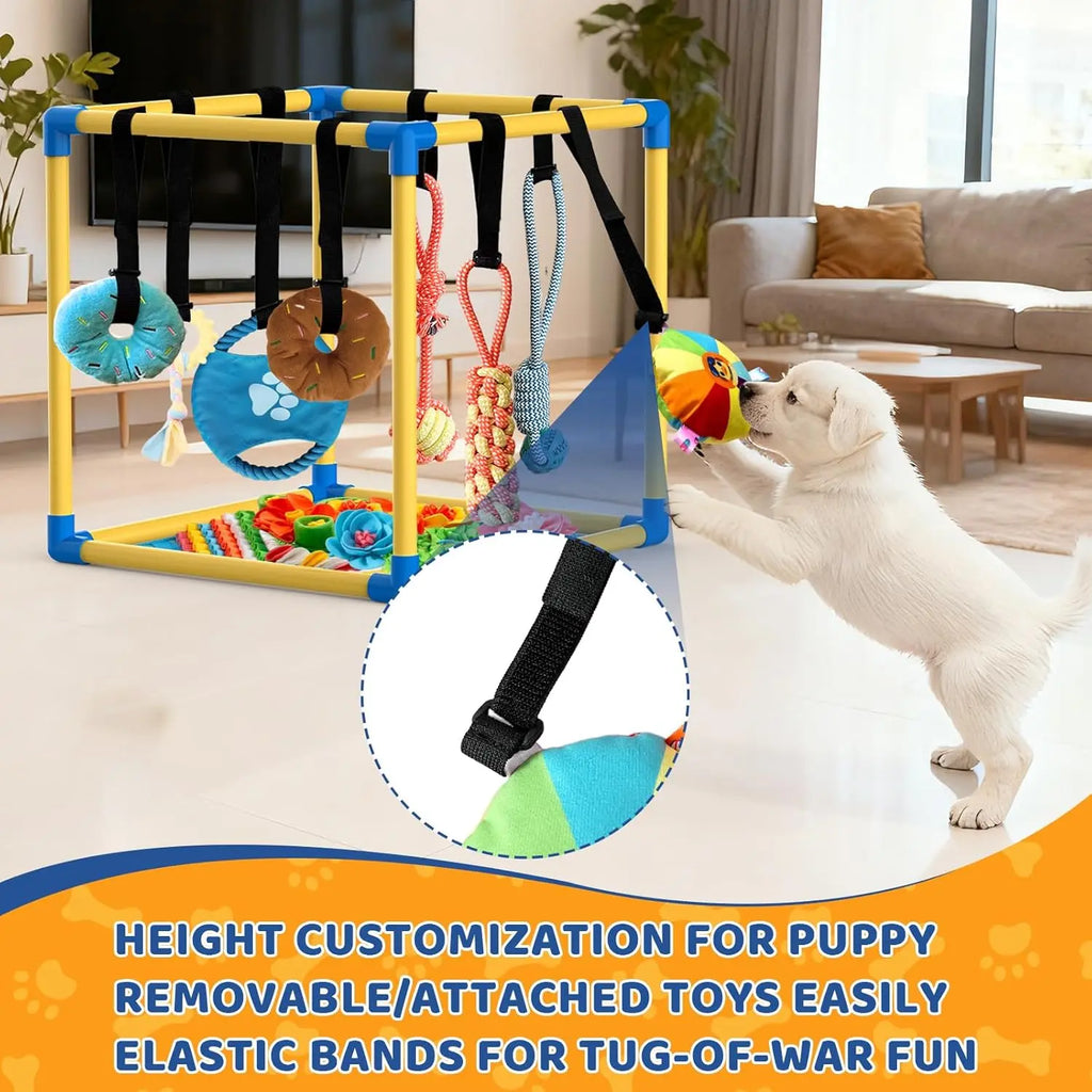 Indoor Puppy Play Gym - PVC Frame with Velcro Rope, Snuffle Mat, and 8 Hanging Toys for Interactive Training and Enrichment for Small Dogs