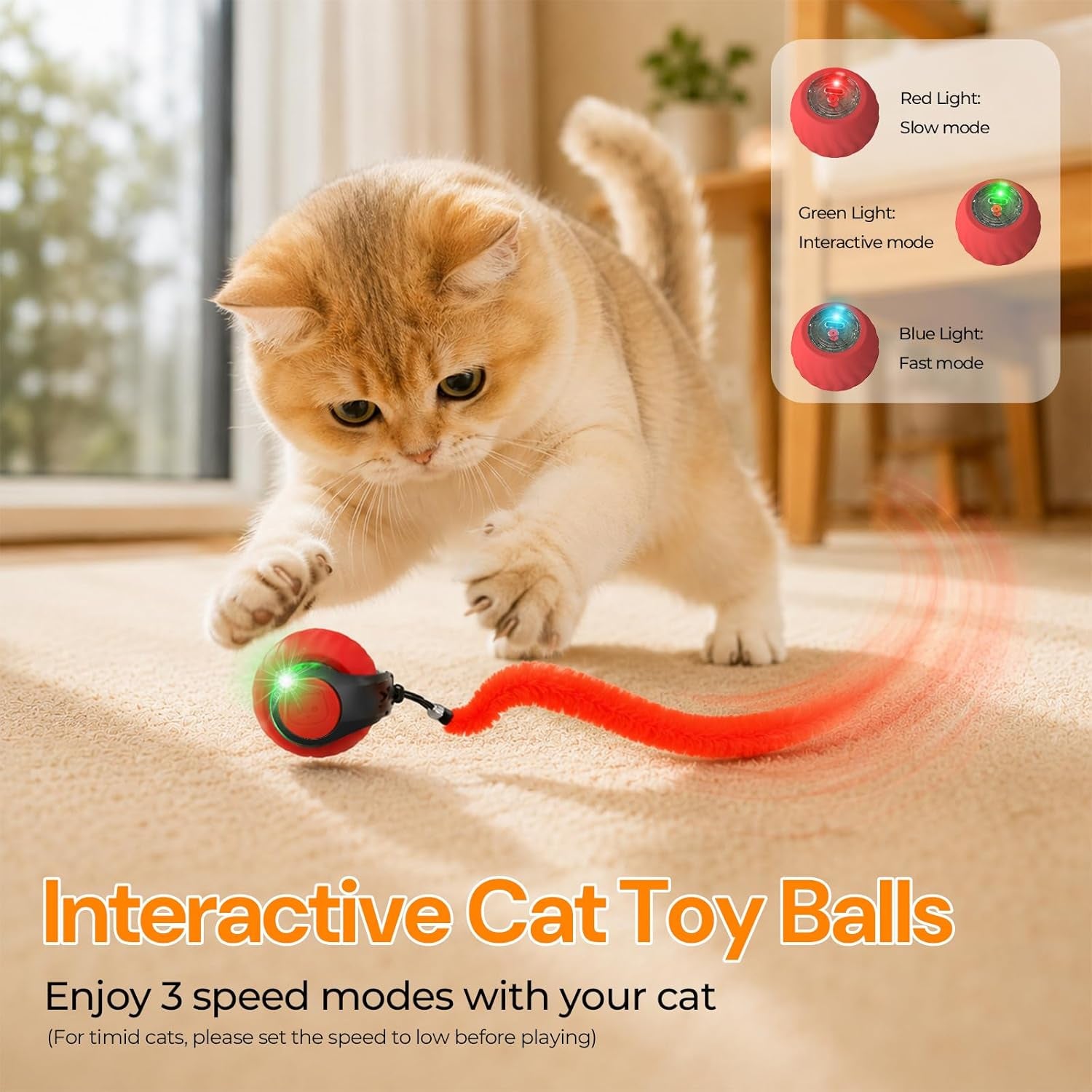 Interactive Cat Toys with Bird Sounds & 3 Speed Modes for Indoor Cats Play | Bird Sounds, 3 Speed Modes, Rechargeable Automatic Rolling, 3 Tails, Fast Charging Ball, for Indoor Cats on Hard Floor Carpet