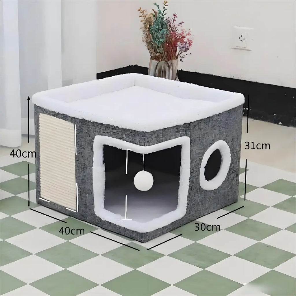 Large Plush Cat Cave Bed - Foldable Indoor Hideaway with Scratch Pad, Ball Toys, and Washable Design