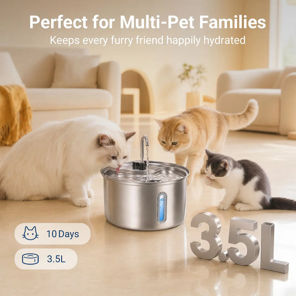 Sovelivee 3.5L 304 Stainless Steel Dual Flow Pet Water Fountain with Water Level Indicator, Low-Water Alert, and Dry-Run Protection for Cats and Small Dogs