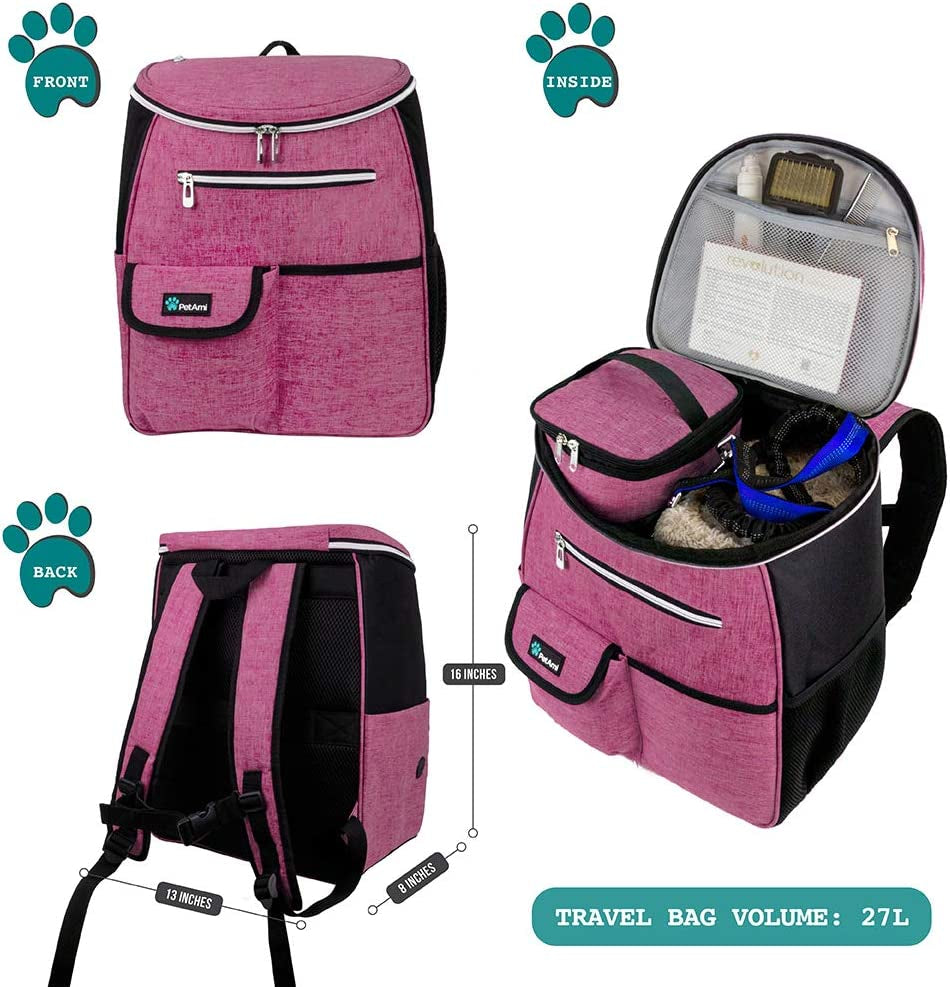 Professional Dog Travel Backpack, 27L Airline-Approved Pet Supplies Organizer with Dual Food Containers, Two Collapsible Bowls, and Poop Bag Dispenser - Ideal for Weekend Road Trips and Camping, Perfect Gift for Dog Moms, Pink