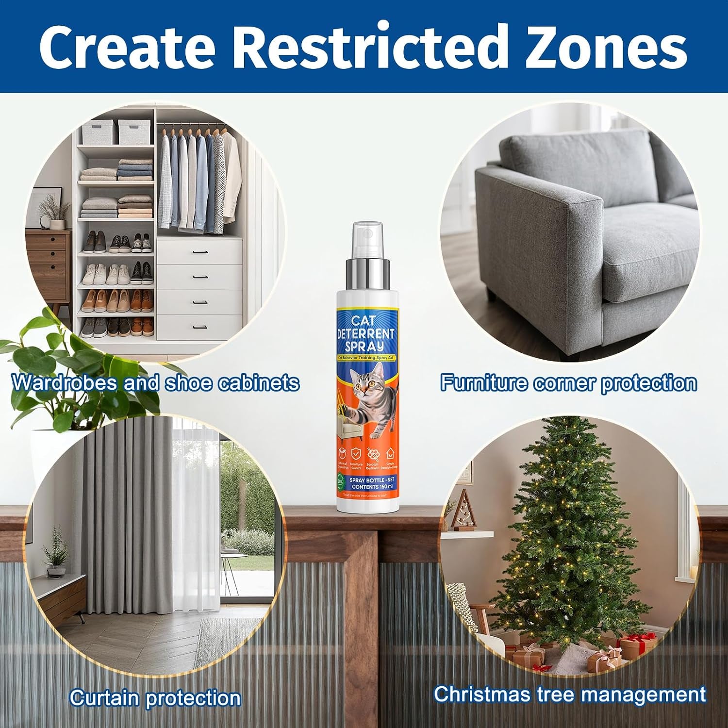 Cat Deterrent Spray - Cat Deterrent for Furniture Protection, Pee Spraying, Excessive Chewing & Scratching Everywhere - Use Indoor and Outdoor, Pet-Safe Formula, 150 ML