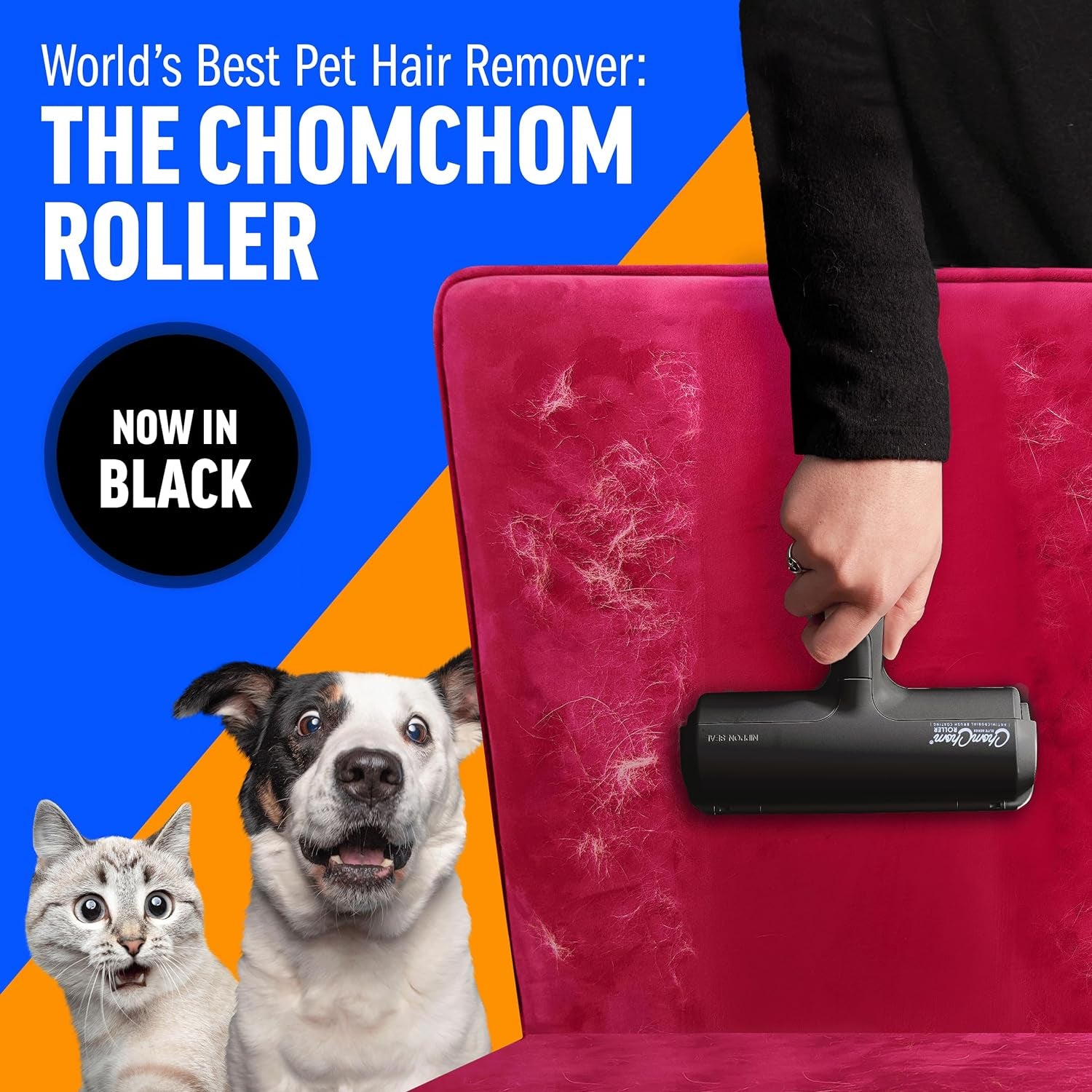Pet Hair Remover – Original Size Reusable Lint Roller for Cat & Dog Hair on Furniture, Couch, Carpet, Car, Rugs & Bedding – Portable, Eco-Friendly (Black)