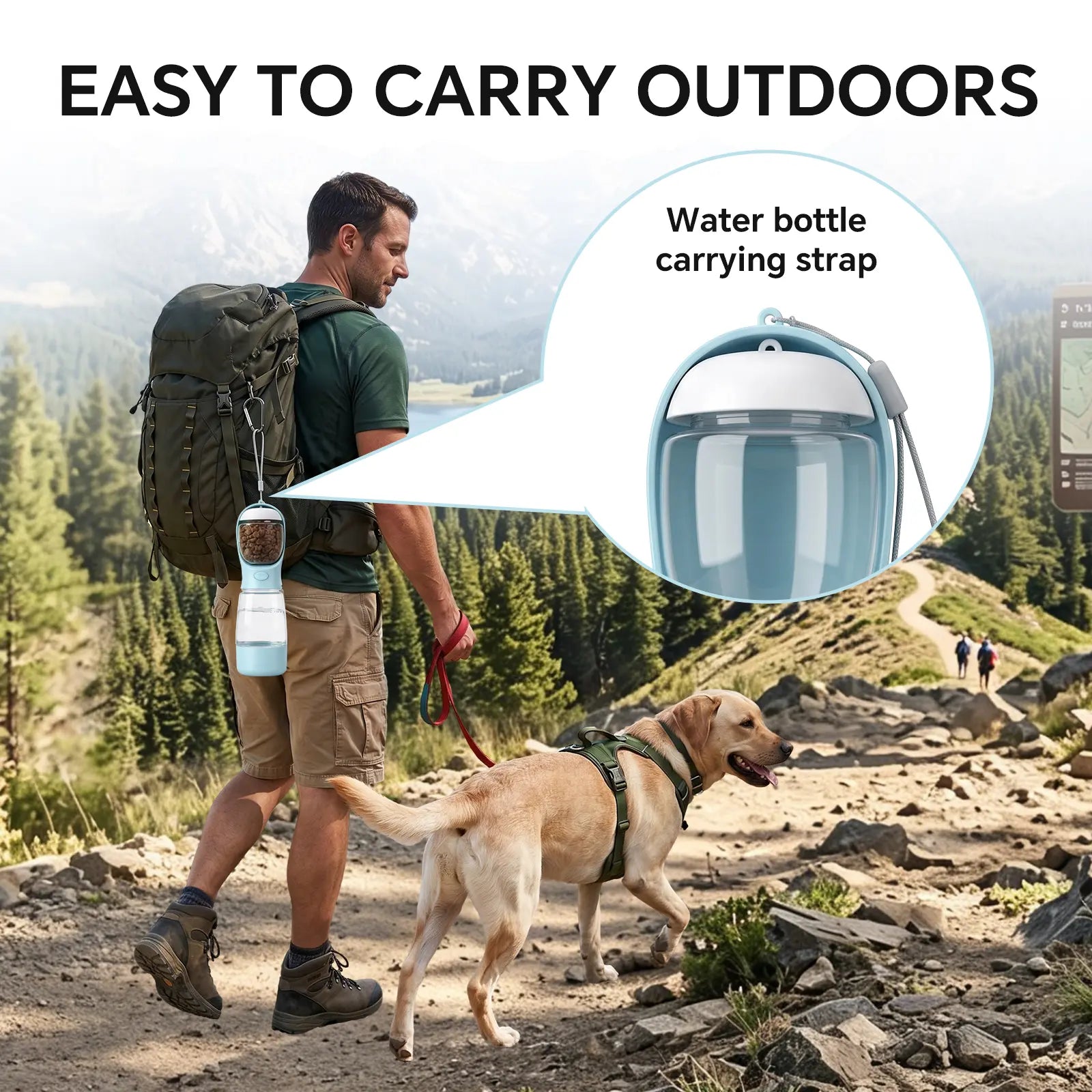 Portable 3-in-1 Dog Water Bottle with Food Container and Built-In Poop Bag Dispenser, Includes 30 Waste Bags - Leak-Proof Travel Cup for Walking and Hiking (29cm x 7.5cm)
