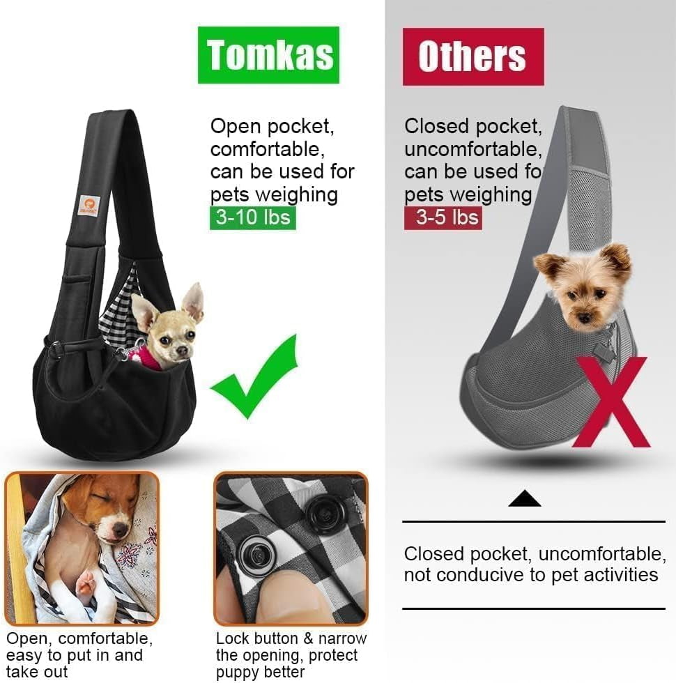Small Dog Sling Carrier - Classic Pocket and Strap Design for Pets Weighing 3-10 lbs (Black)