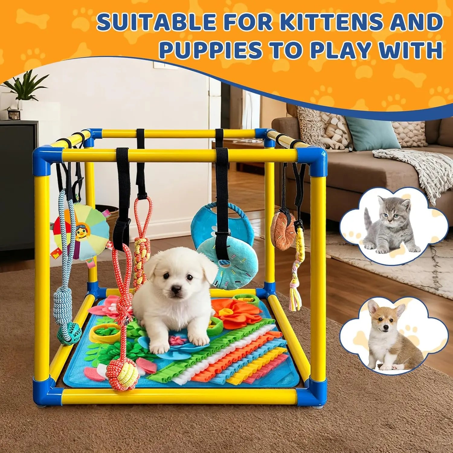 Indoor Puppy Play Gym - PVC Frame with Velcro Rope, Snuffle Mat, and 8 Hanging Toys for Interactive Training and Enrichment for Small Dogs