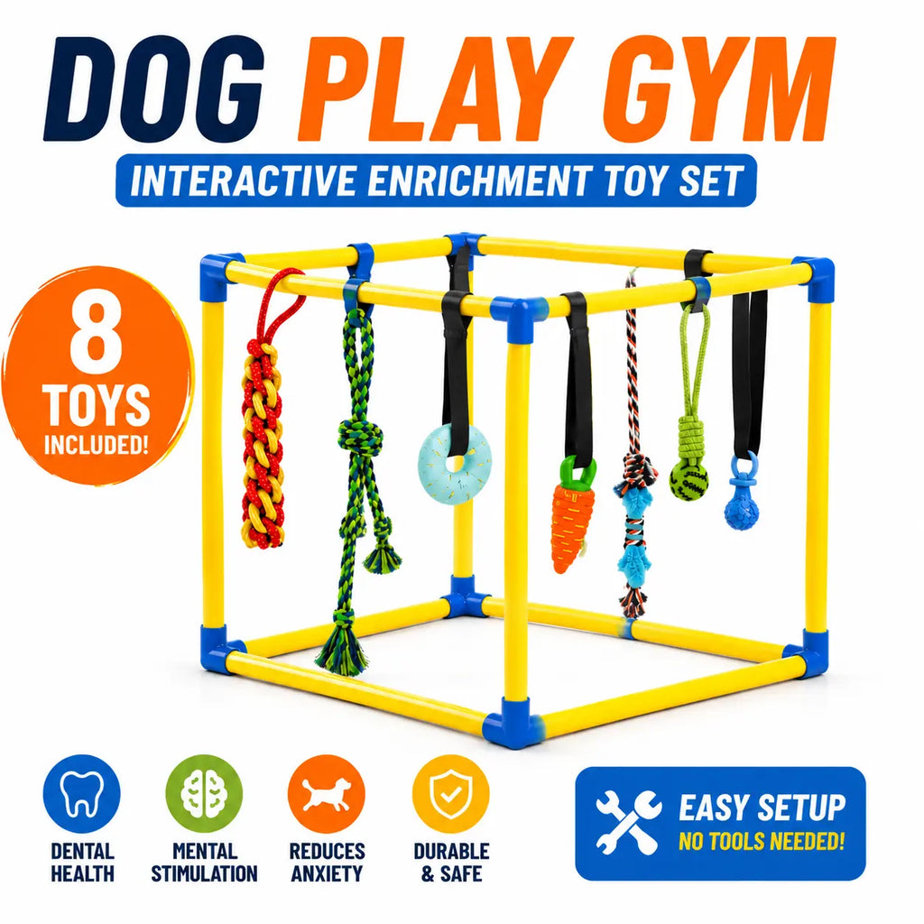Interactive Dog Play Gym Enrichment Toy Set with Rope Tug, Chew, and Squeaky Toys - Indoor Activity Center for Reducing Anxiety and Boredom Relief, Durable PVC Frame Suitable for Dogs of All Sizes