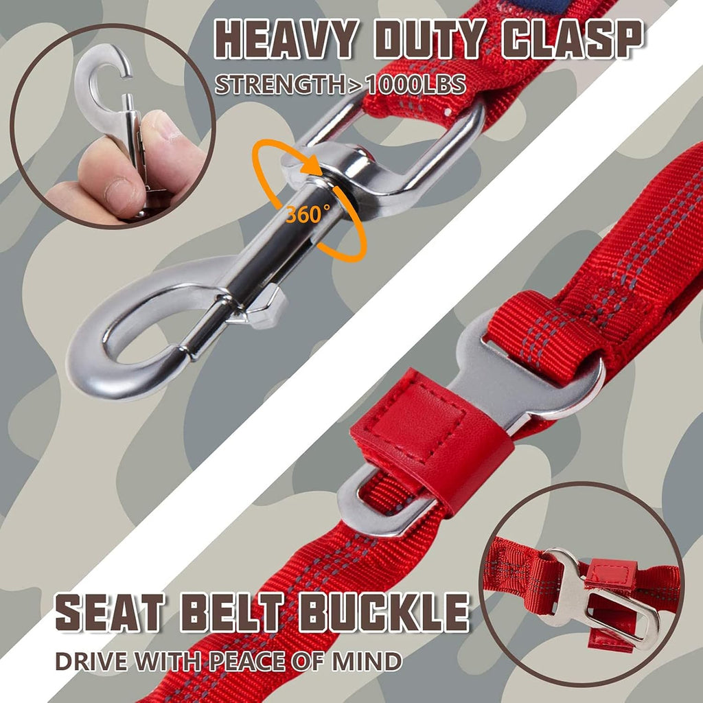 Heavy-Duty 6FT Bungee Dog Leash for Large Breeds with Dual Padded Handles, Shock Absorption, and No-Pull Training - Red