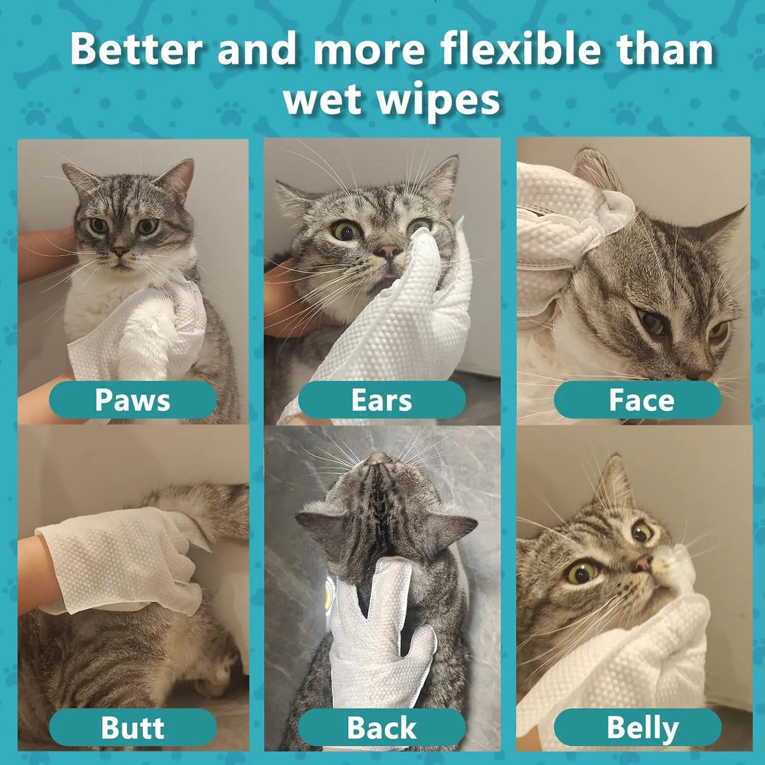 Premium Pet Glove Wipes for Dogs and Cats - Extra Thick, Unscented, Rinse-Free Cleaning and Deodorizing Wipes for Daily Care and Travel - 6 Pack