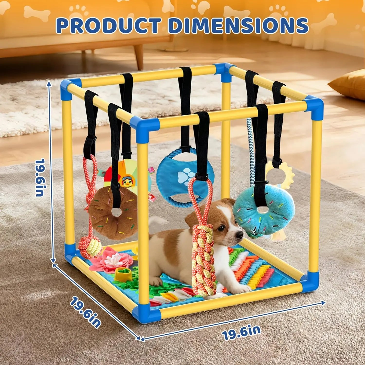 Indoor Puppy Play Gym - PVC Frame with Velcro Rope, Snuffle Mat, and 8 Hanging Toys for Interactive Training and Enrichment for Small Dogs