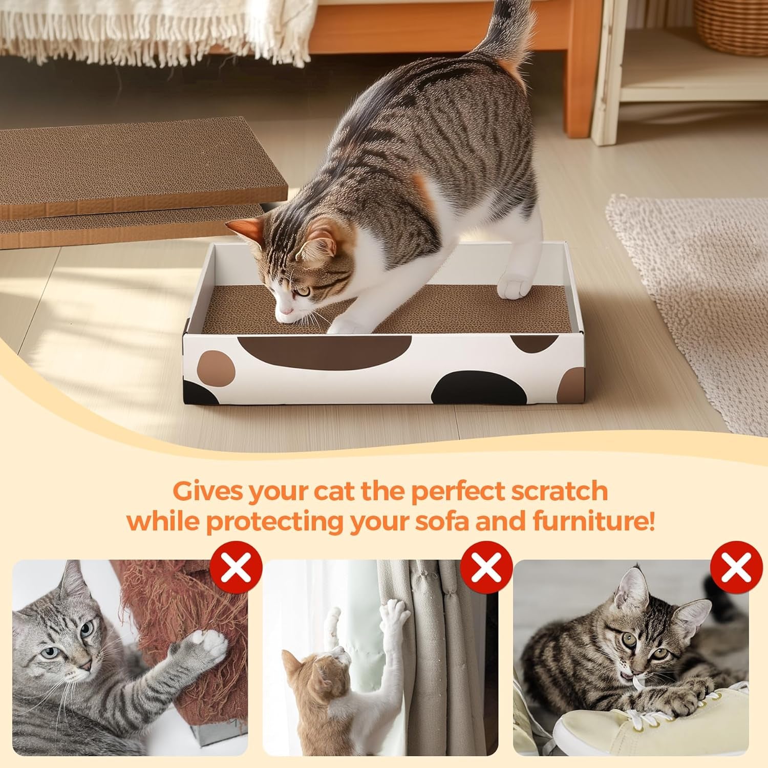 Indoor Cat Scratching Pad - 17" x 10" Refillable Box with 3 Reversible, Durable Corrugated Scratch Boards for Furniture and Wall Protection