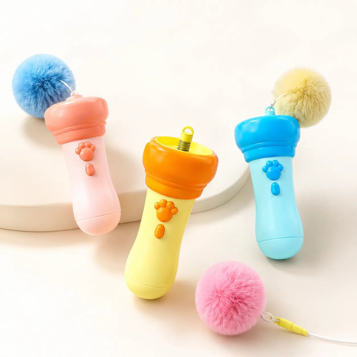 Electric Interactive Cat Teaser Wand with Fluffy Pom Balls for Indoor Cats and Kittens