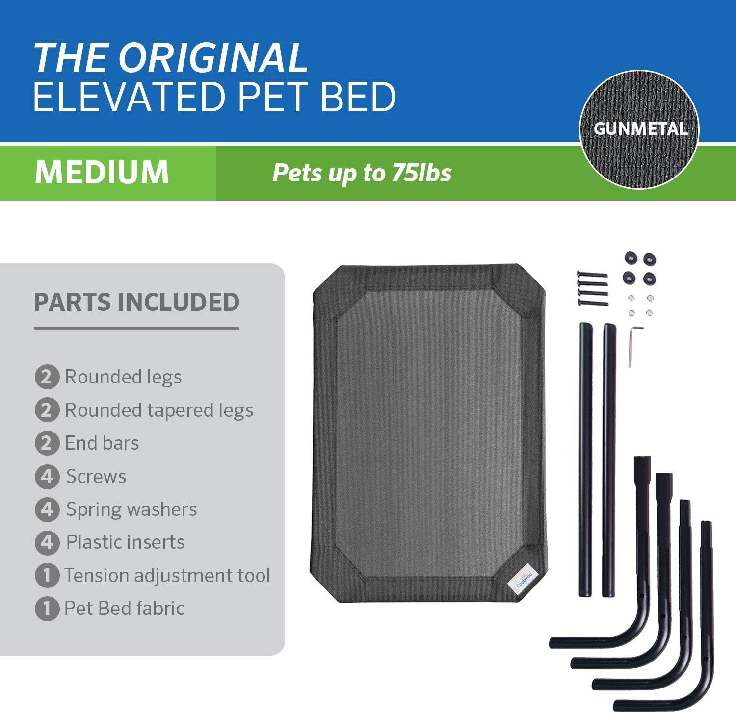 Elevated Dog Bed - Breathable Off-The-Ground Pet Bed with Cooling Fabric, Joint Relief, Moisture-Resistant, 100% Recyclable, Easy to Clean, Gunmetal, Medium Size
