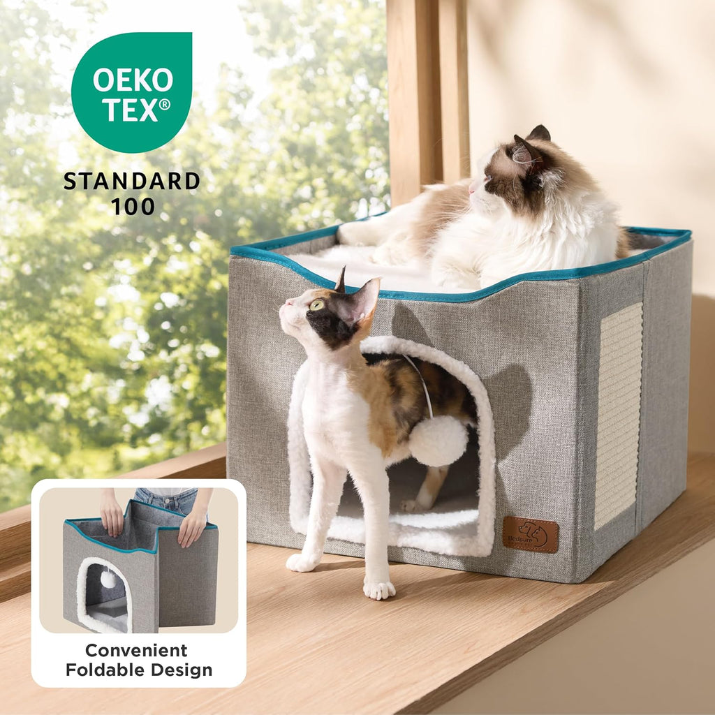 Bedsure Cat House Bed for Indoor Cats with Fluffy Ball and Scratch Pad,Grey | 16.5X16.5X13 In,Large Cat Cave for Multiple Pets,Foldable Cat Hideway Cube for Sleeping Kitten