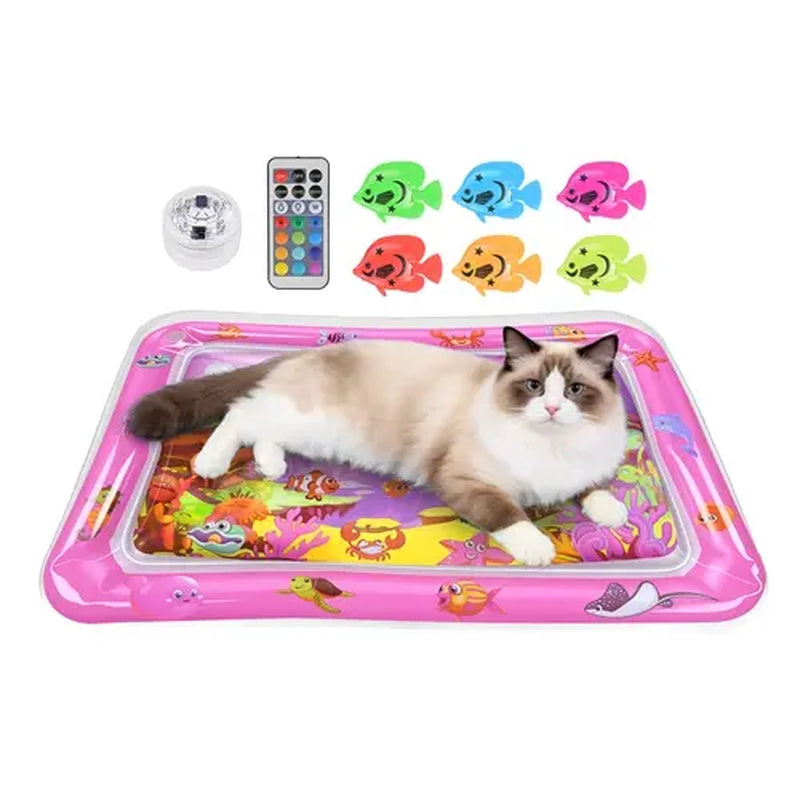 Interactive Sensory Water Mat for Kittens - 3D Floating Fish Toy with LED Light and Chirping Flapping Bird Wand, Durable PVC, Rechargeable USB-C, Stress Relief and Indoor Enrichment Gift