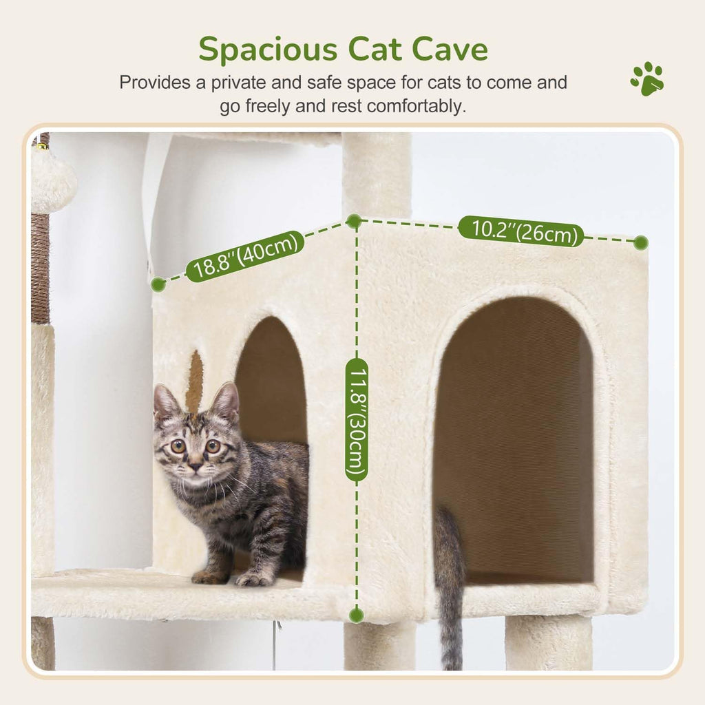 Cat Tree Tower with Scratching Post for Indoor Cats, 53Inch Tall Plush Multi-Level Cat Climbing Tower Condo House with Large Hammock, Spacious Cat Cave, Big Padded Top Perch Bed, F53, Beige