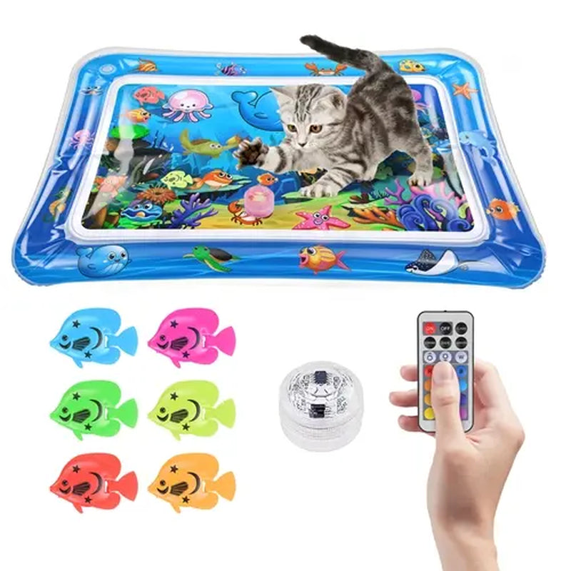 Interactive Sensory Water Mat for Kittens - 3D Floating Fish Toy with LED Light and Chirping Flapping Bird Wand, Durable PVC, Rechargeable USB-C, Stress Relief and Indoor Enrichment Gift