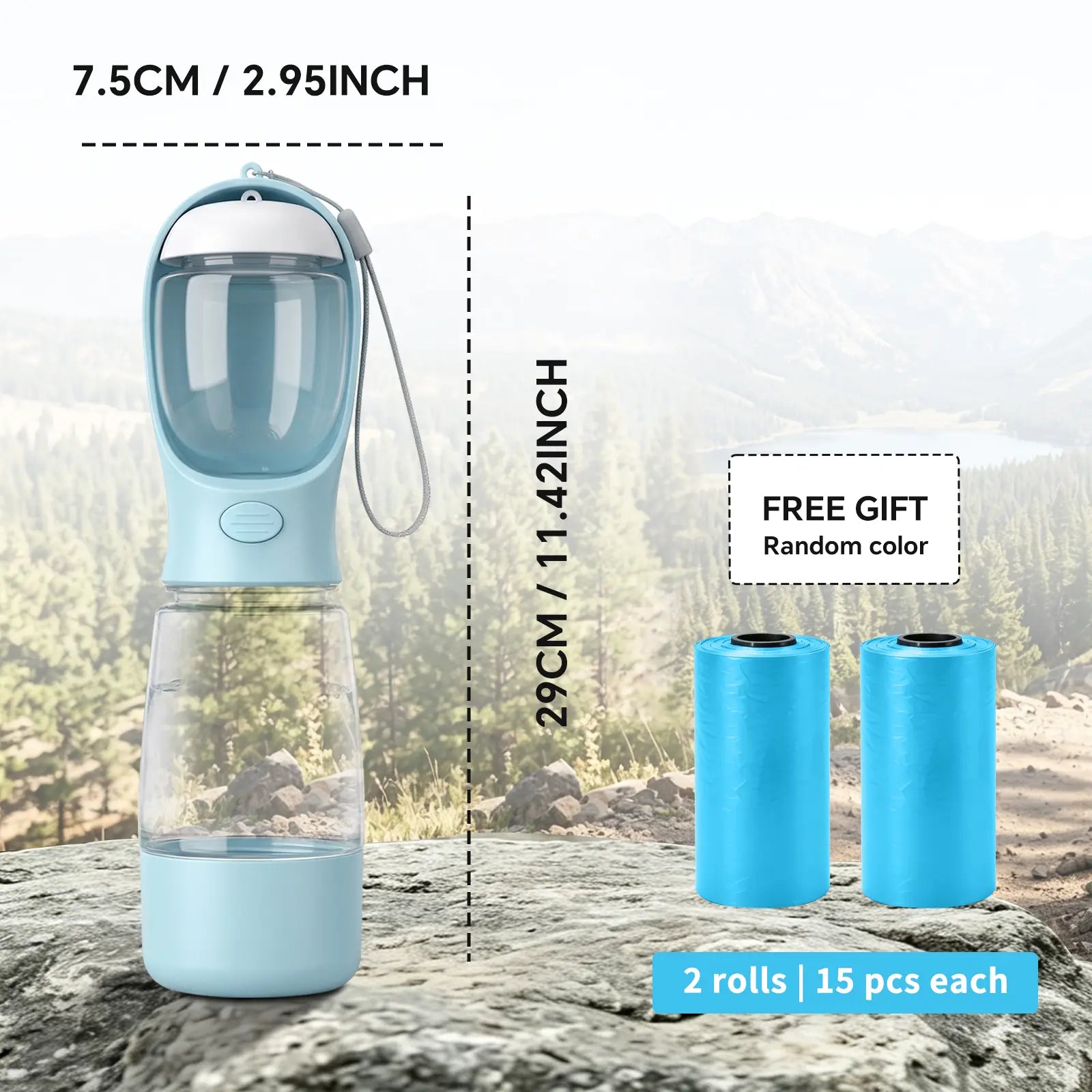 Portable 3-in-1 Dog Water Bottle with Food Container and Built-In Poop Bag Dispenser, Includes 30 Waste Bags - Leak-Proof Travel Cup for Walking and Hiking (29cm x 7.5cm)