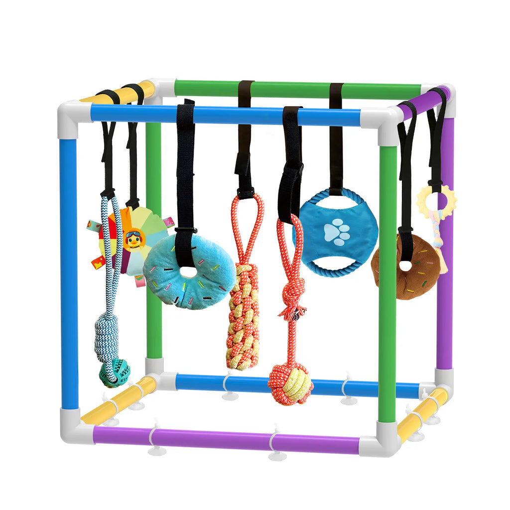 Indoor Puppy Play Gym - PVC Frame with Velcro Rope, Snuffle Mat, and 8 Hanging Toys for Interactive Training and Enrichment for Small Dogs