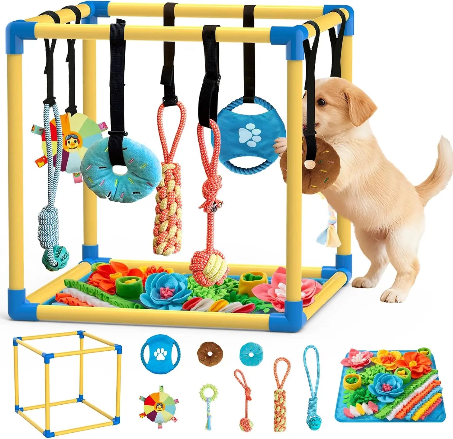 Indoor Puppy Play Gym - PVC Frame with Velcro Rope, Snuffle Mat, and 8 Hanging Toys for Interactive Training and Enrichment for Small Dogs