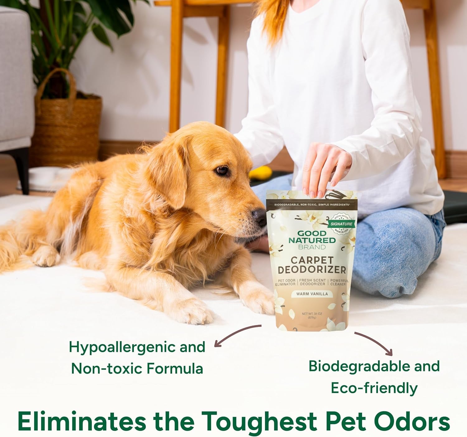| Carpet Freshener & Deodorizer Powder | 31 Oz Pet Odor Eliminator for Strong Odor & Pet Urine | Fresh Natural Warm Vanilla Scent | Safe for Homes with Pets