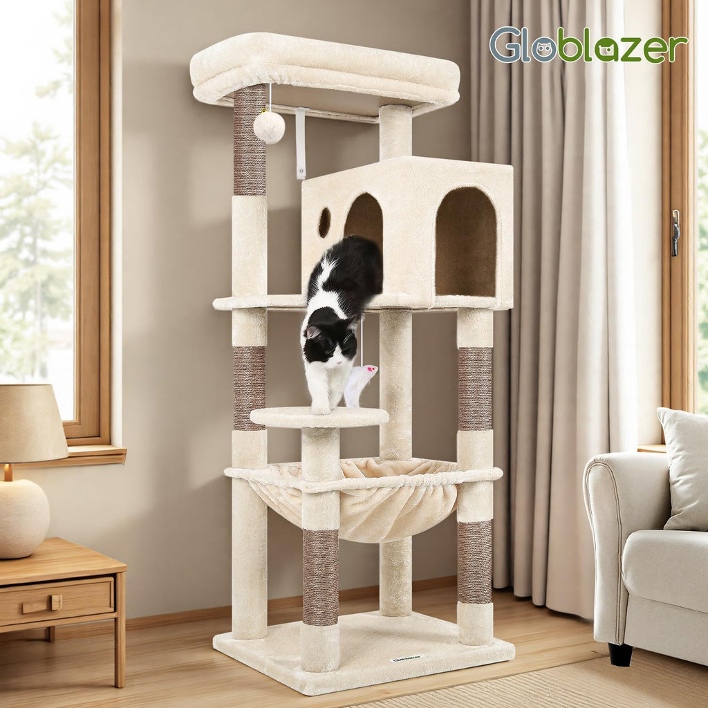Cat Tree Tower with Scratching Post for Indoor Cats, 53Inch Tall Plush Multi-Level Cat Climbing Tower Condo House with Large Hammock, Spacious Cat Cave, Big Padded Top Perch Bed, F53, Beige